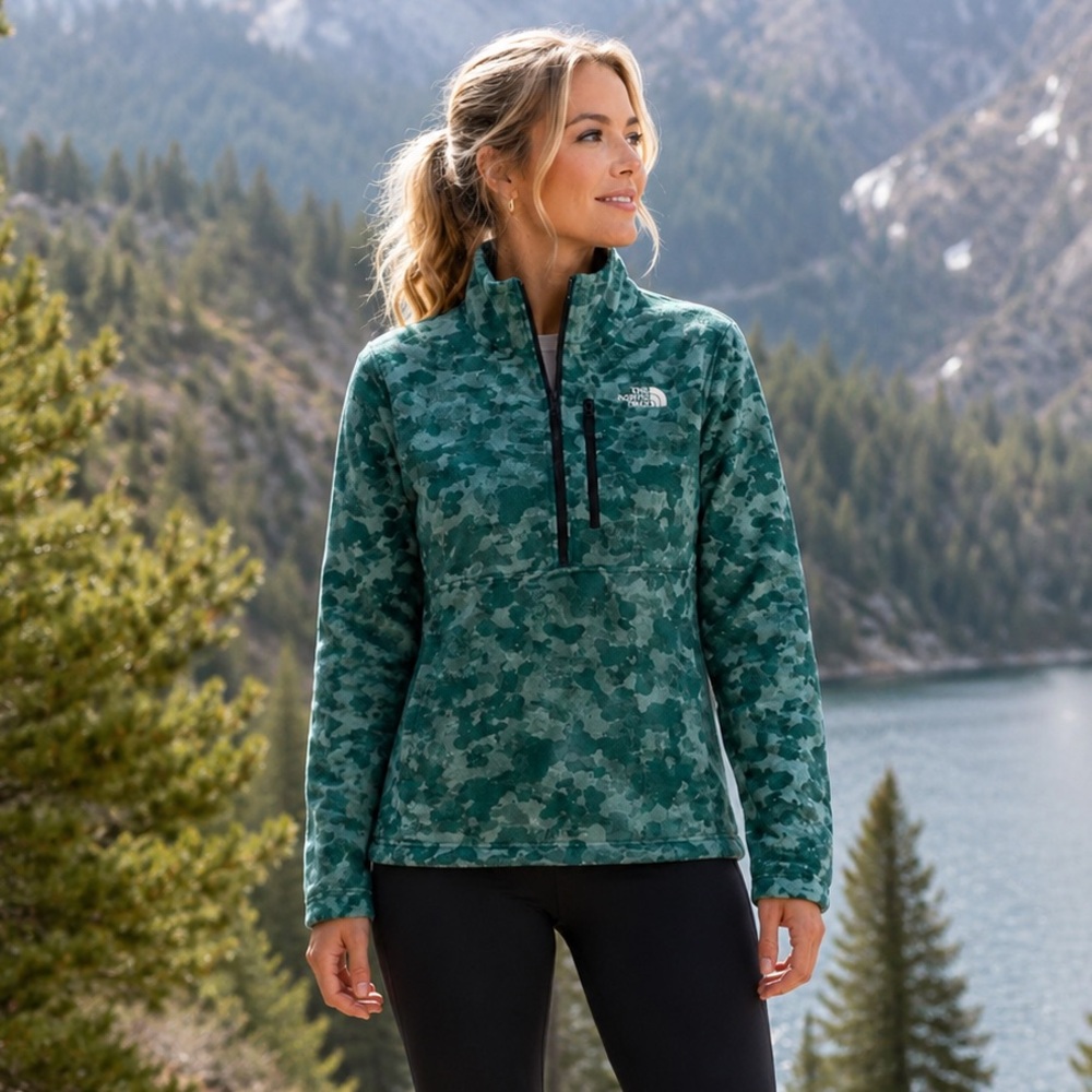 The North Face Women’s Medium Camo 1/4 Zip Pullover Green Performance Jacket